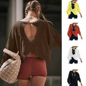 Yeokou Women's Workout Crop Top Open Back Long Sleeve Casual Athletic Shirts Yoga Tee