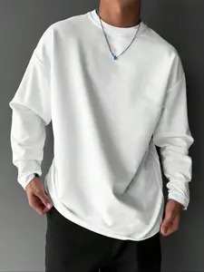 Men's Spring & Fall Simple Plain Round Neck Long Sleeve T-Shirt, Casual Fitted Top, Versatile Layering Piece, No Button or Collar