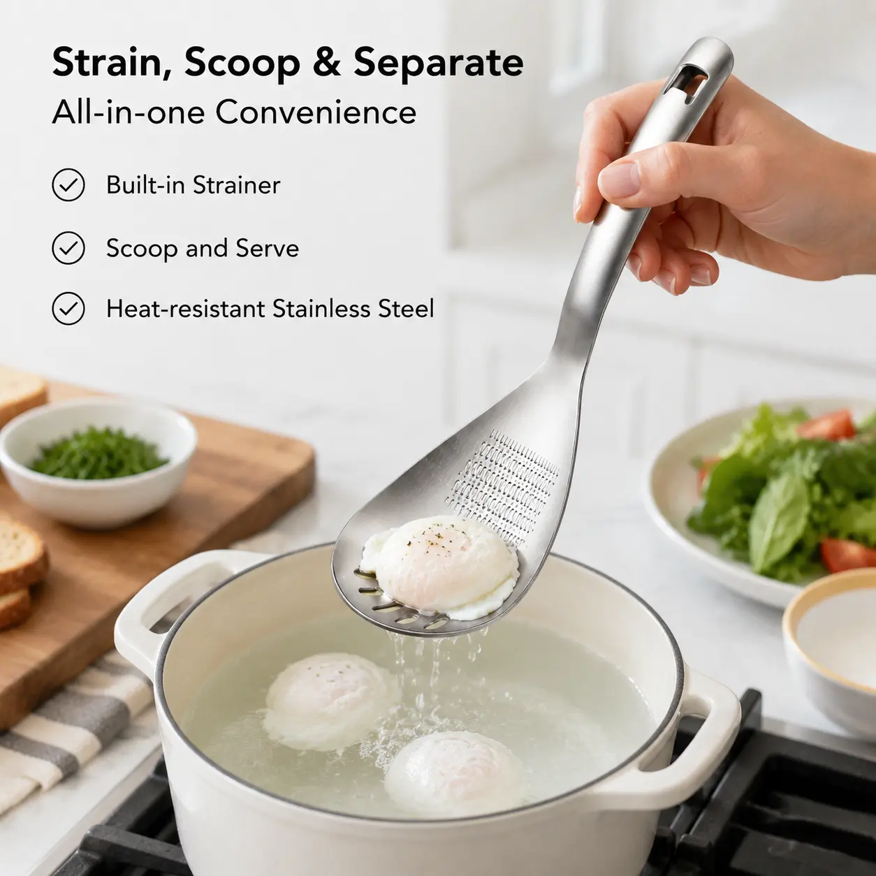 1 Count 304 Stainless Steel Multifunctional Kitchen Spoon, Egg White Separator Ginger Garlic Grater Mud Masher for Home Daily Cooking