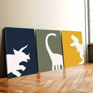 3-piece set of wooden framed canvas paintings in navy blue, green, bumblebee, tyrannosaurus rex, and triceratops designs, waterproof wall decor paintings, art wall hangings for bedrooms and dormitories, gift wall art decoration