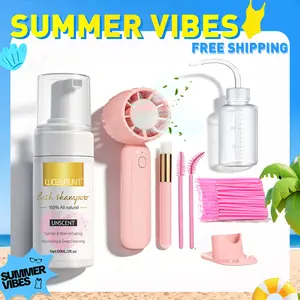 【SUMMER VIBES】3.38oz Lash Shampoo Kit for Eyelash Extensions & Gentle Mousse Cleanser & Mini Pink Handheld Fan - Easy for Beginners & Makeup Care