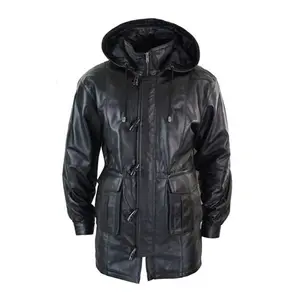 MotorCycleJackets Men's Detachable Hooded 3/4 Long Black Duffle Coat
