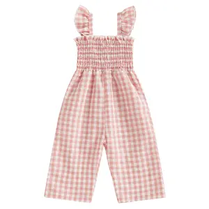 Toddler Baby Girls Gingham Romper Jumpsuit Ruffle Strap Sleeveless Plaid Smocked Wide Leg Suspender Pants Overalls Summer  One Piece Outfit #Summervibes