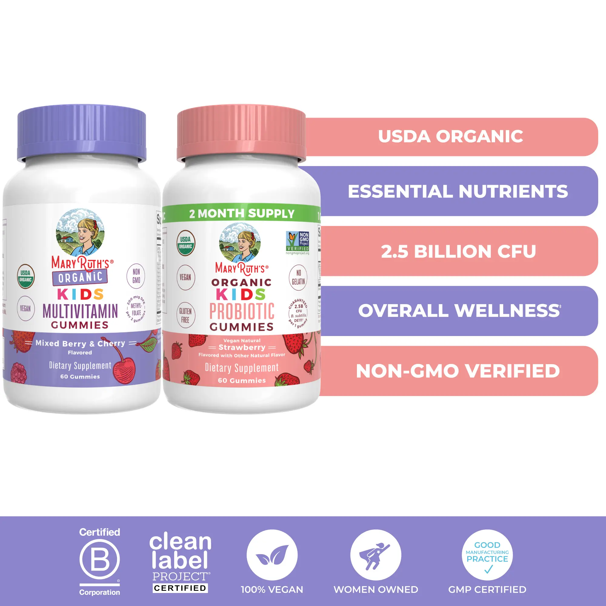 MaryRuth's Organic Kids Daily Health & Digestion Bundle - Organic Kids Multivitamin Gummies & Organic Kids Probiotic Gummies