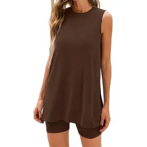 Women's Chic 2-Piece Knit Clothing Set - Soft, Minimalist, Basic, Comfortable Sleeveless Tunic Top & Breathable Lightweight Summer Shorts