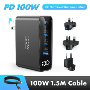 TOPADRE 100W GaN USB-C PD Fast Charging Station Hub with LED Display&Foldable Plug for Laptop, Tablet and Phone | Global Travel Adapter with EU/AU/UK Plugs | Multi-Port Hub for MacBook Pro, Dell XPS, iPhone 17/16, and Samsung Series