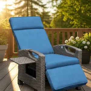ARCH Outdoor Recliner Chair Patio Push Back Reclining Lounge Chair with Hand Woven Wicker Flip Table Adjustable Angle Thick Cushion Removable Olefin Fabric Rust Resistant Steel Frame 350lbs Capacity Garden Poolside Blue, Beige/Blue/Gray Color Options, Rec