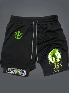 Anime Prints 2-In-1 Drawstring Waist Shorts, Quick-Dry Swim Trunks, Loose Fit Casual Pocket Track Shorts for Summer, Workout & Activewear, Swimming Shorts, Swimwear Shorts