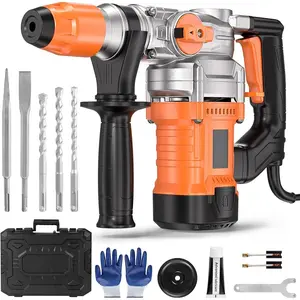 1-1/4 Inch SDS-Plus 13 Amp Heavy Duty Rotary Hammer Drill with Safety Clutch 3 Functions, Vibration Control, for Floor Tile Removal, Concrete Breaker, Including , Chisels & Drill Bits