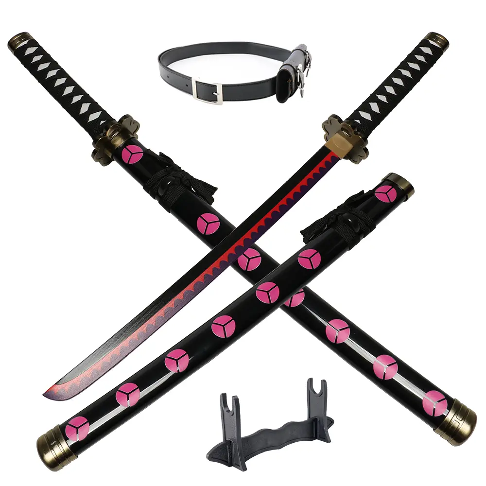 ELERVINO 31-in Plastic Roronoa Zoro's Shusui Anime Cosplay Sword - Bamboo Design, Black Belt, Holder Stand, Easy Handling Toy Sabre for Ages 12+, Halloween Props, Christmas Gift, Wood Accent Decoration, Birthday Present