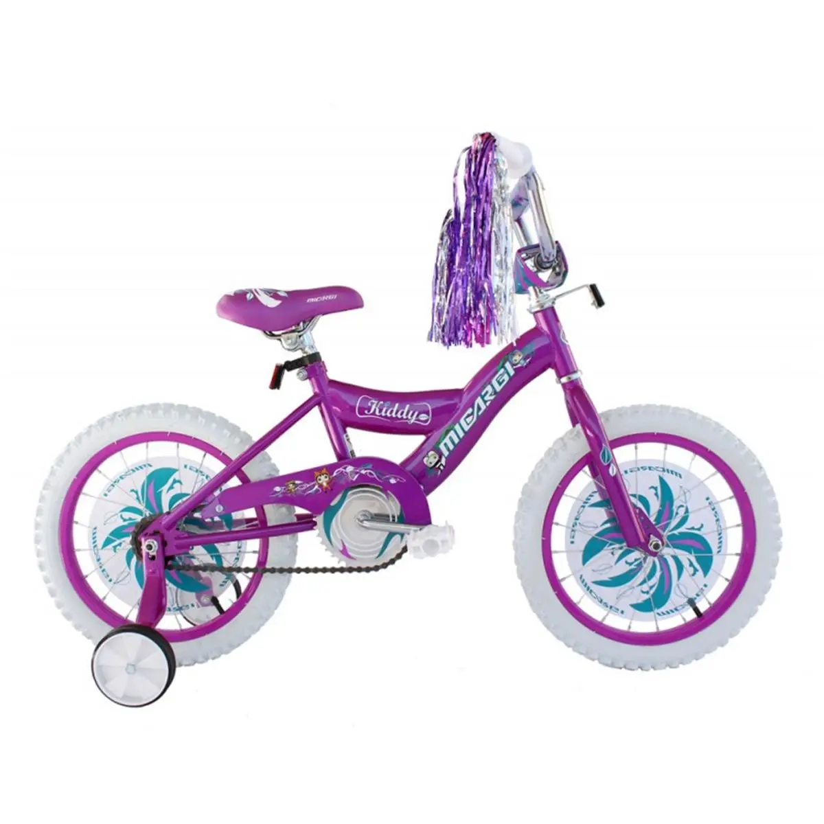 Micargi Girls' 16-in BMX Bicycle, High-Tensile Steel Frame, Purple Front & Rear Rims, Coaster Brakes, Padded Bicycle Saddle, Training Wheels, Streamers with Graphic Appeal