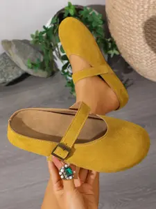 Velvet Mary Jane Half Slippers, Comfortable Soft Sole, Adjustable Metal Buckle, Easy On/off, Vintage Versatile Mules Shoes