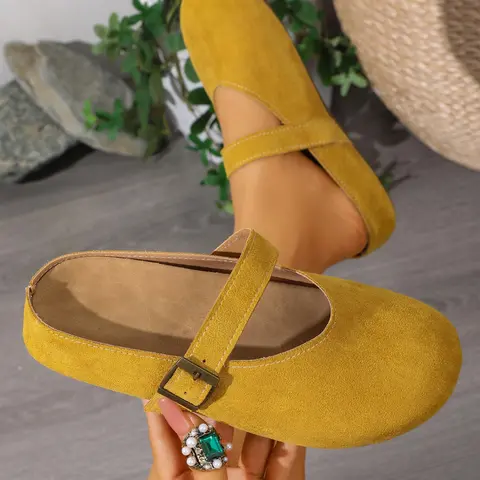 Velvet Mary Jane Half Slippers, Comfortable Soft Sole, Adjustable Metal Buckle, Easy On/off, Vintage Versatile Mules Shoes