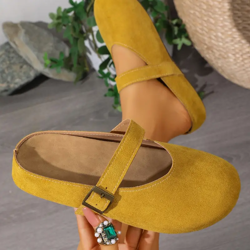 Velvet Mary Jane Half Slippers, Comfortable Soft Sole, Adjustable Metal Buckle, Easy On/off, Vintage Versatile Mules Shoes