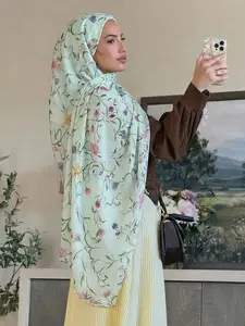 Boho Style Plant Print Polyester Shawl Scarf, Women's For Muslim Summer Beach Holiday Sun Protection Soft Hijab Headscarf, Turban Hijab, Casual Everyday Accessory