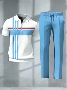 Men’s 2-piece casual set featuring a short-sleeve top with a color-block printed collar and athletic long pants, available in multiple colors and sizes. A perfect gift suitable for various occasions