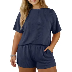 Eytino Plus Size Two Piece Sets for Women Short Sleeve Shirts High Waisted Shorts Pajamas Lounge Matching Set(1X-5X)