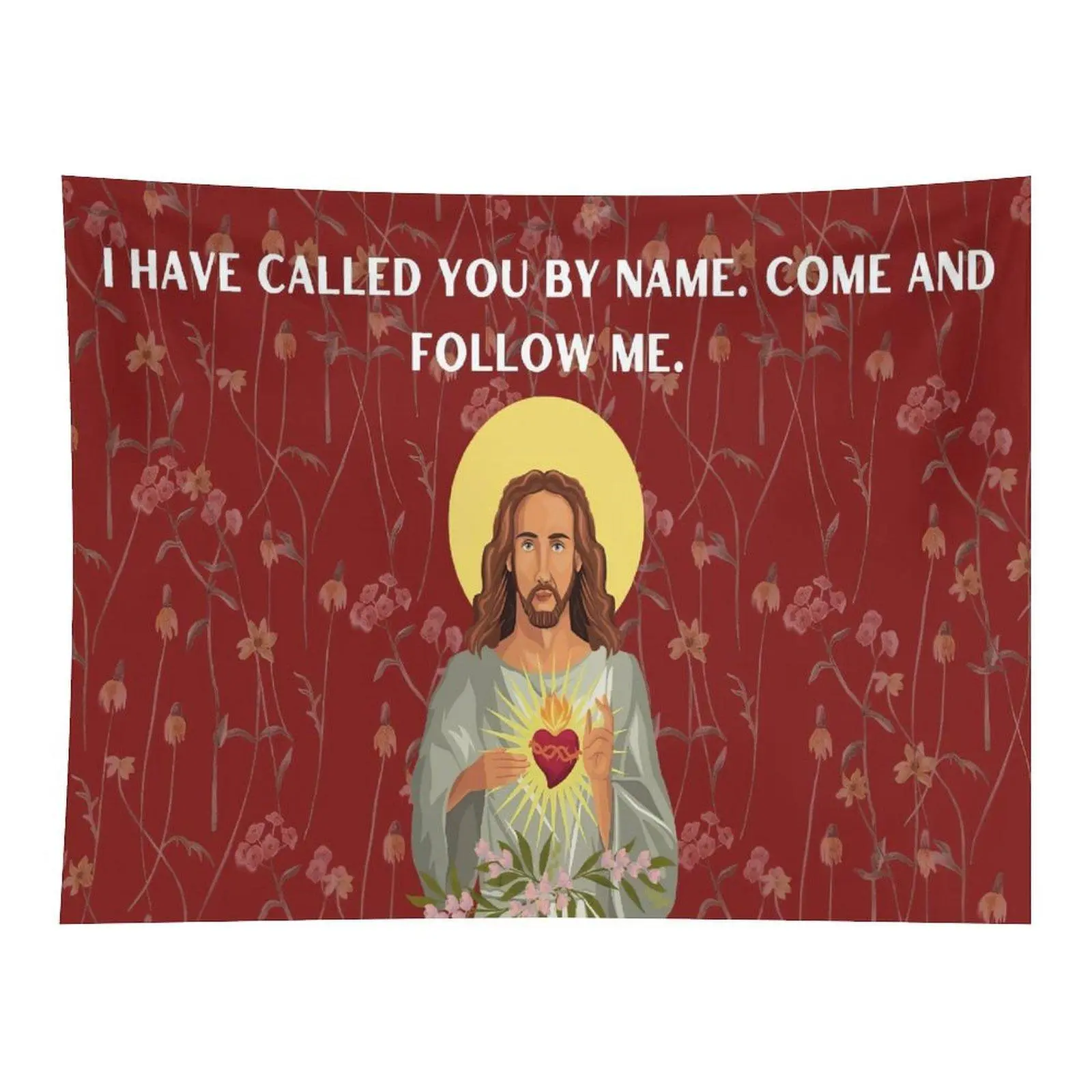 Sacred Heart Jesus Christ Wall Tapestry Inspirational Christian Quote Red Floral Background Religious Home Wall Art Decor