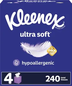 Kleenex Ultra Soft Facial Tissues, 4 Cube Boxes, 60 Tissues per Box, 3-Ply (240 Total Tissues), Packaging May Vary