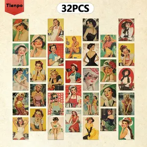 Vintage Girl Pattern Postcard, 32pcs/set Retro Style Postcard, Wall Decorative Card, Message Card, Wall Decor for Home Bedroom, Office Supplies