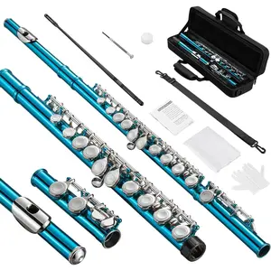 Flutes, Closed Hole C 16  Flute Instrument, Student Flute for Beginner School Orchestra Band, with Cleaning Kit, Carry Bag, Strap, Probe Rod, Gloves (Sky Blue)