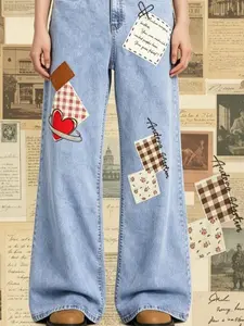 Vintage Patchwork Plaid Floral Letter Heart Embroidery Direct Spray Print High Waist Wide Leg Light Wash Denim Casual Pants