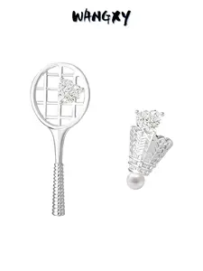 WANGXY Silver Plated Badminton Racket Zircon Stud Earrings for Women and Men New Sports Style Pearl Asymmetrical Earrings