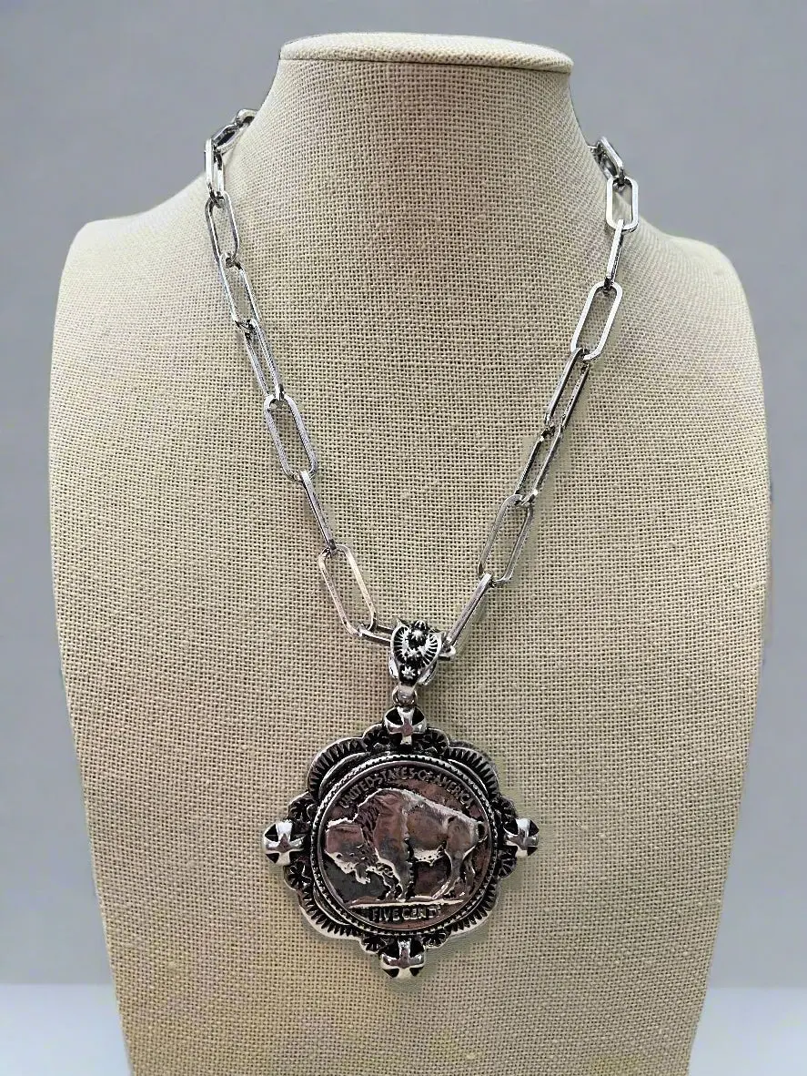 Western Statement Buffalo Coin Necklace & Earring Set — 2.5" Oversized Pendant (18 Inch)