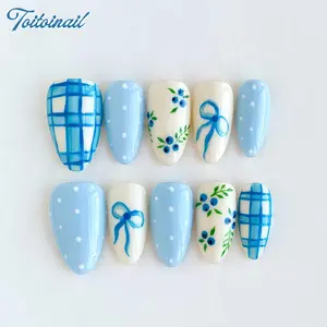 Blueberry Bow Handmade Press-On Nails, Short Almond Shape, 10pcs, Fresh Blueberry Plaid Design, Glossy Light Blue Polka Dot & Bow Accents, High Transparency Acrylic Material, Reusable DIY Nail Kit, Nail Art Design, Trendy Nails for Spring, Summer, Dates