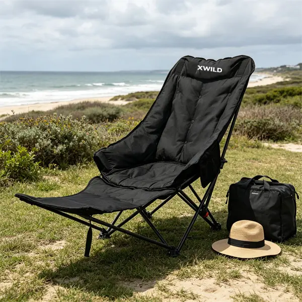 Unisex Adult Fit Collapsible Outdoor Recliner Chair - Camping Gear with Foldable Frame, Detachable Footrest, Breathable Mesh Seat, Soft Cushion, 4-Level Tilt Adjustment, 220 Lbs Capacity for Outdoor Relaxation, Camping, Patio Use