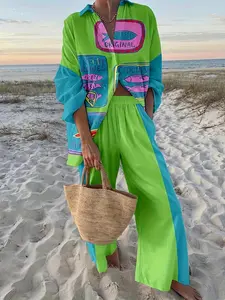 Women's Beach Vacation Style Fish Pattern Print Long Sleeve Shirt + Pants Set