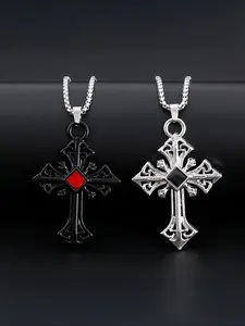 Rhinestone Decor Cross Pendant Necklace for Men & Women, Stainless Steel Jewelry for Party, Daily Clothing Decor, Trendy All-match & Exquisite Jewelry for Birthday Gift Rhinestone Decorated Necklace