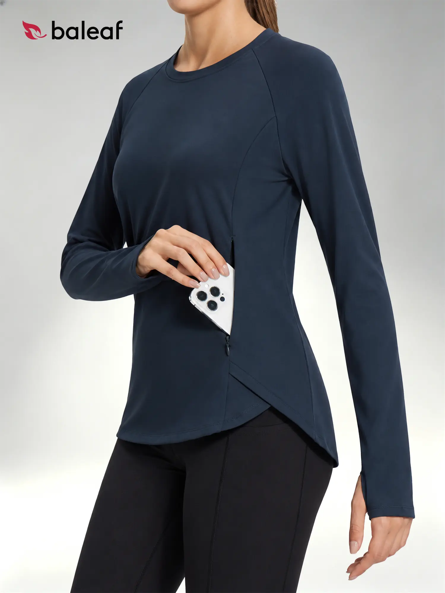 baleaf Women's Fleece Lined Thermal Long Sleeve Running Top, Comfortable Base Layer Shirt with Thumbholes and Zipper Pocket, Stretchy Warm Workout Gear for Cold Weather Hiking Skiing and Outdoor Training for Women Everyday Wear and Travel