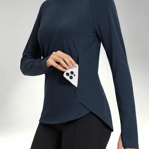 baleaf Women's Fleece Lined Thermal Long Sleeve Running Top, Comfortable Base Layer Shirt with Thumbholes and Zipper Pocket, Stretchy Warm Workout Gear for Cold Weather Hiking Skiing and Outdoor Training for Women Everyday Wear and Travel