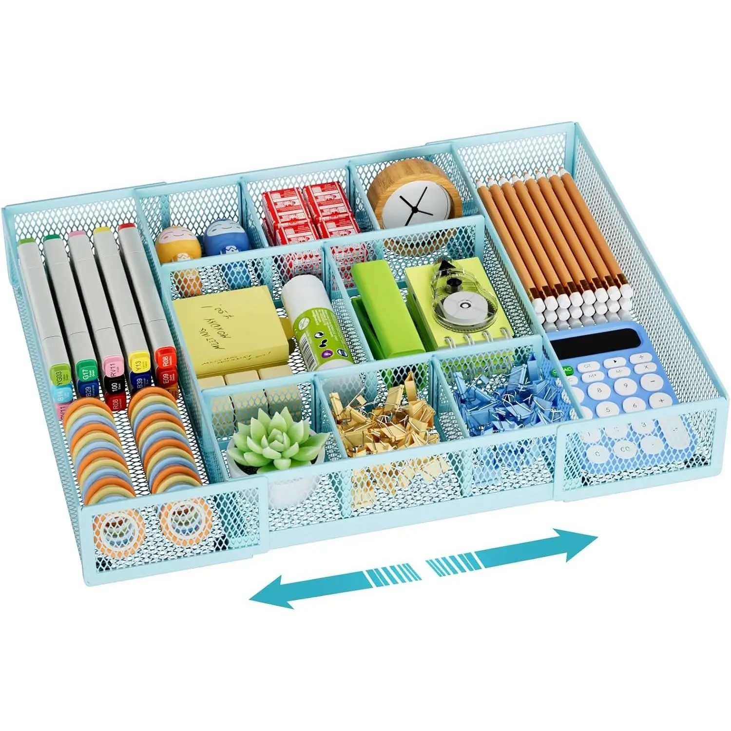 Expandable Desk Drawer Organizer, Mesh Drawer Organizer Tray with 10 Adjustable Compartments, Desk Organizers and Accessories for Office Supplies, Makeup & Vanity (Expandable-Blue)