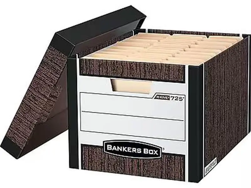 Bankers Box R-Kive Heavy-Duty FastFold File Storage Boxes, Lift-Off Lid, Letter/Legal Size, Woodgrain, 4/Pack (0072506)