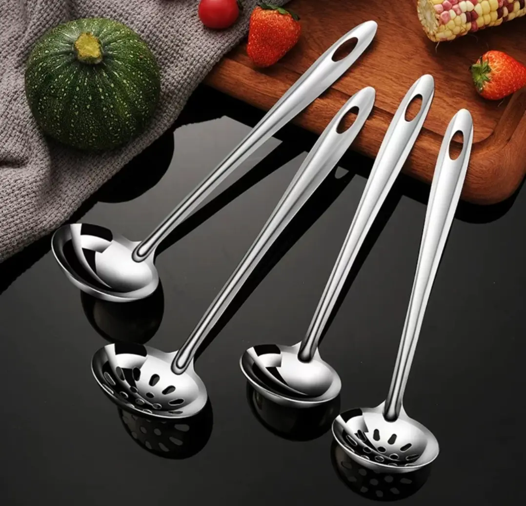 Thickened 304 Stainless Steel Skimmer Spoon, Household Kitchen Utensils, Long Handle Hot Pot Ladle, Large Soup Spoon Set