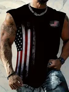 Men's American Flag Sleeveless T-Shirt, Trendy Street Style Vest, Cool Fashion Piece, Loose-Fitting, All over Print, Regular Length, Menswear