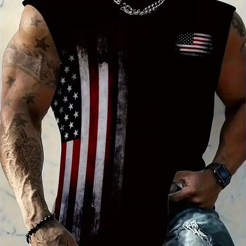 Men's American Flag Sleeveless T-Shirt, Trendy Street Style Casual Vest, Tank Top, Cool Fashion Piece, Loose-Fitting, All over Print, Regular Length, Streetwear, Casual Streetwear Tops, Menswear, Casual Fashion Clothing