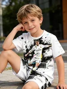 Kids 2 Piece Outfits Boys Summer Short Sleeve T Shirt + Shorts Set Cristiano Ronaldo Real Madrid Number 7 Ink Splash Art Style Shooting Print Football Fan Kids Clothing Casual Sport Wear for School Daily Football Match & Fan Gathering