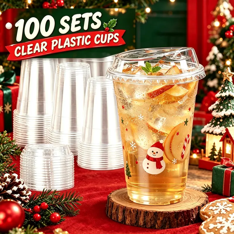 100-Pack Bulk Strawless Lid Disposable Plastic Drinkware Cups - 16/20/24oz BPA-Free Eco-Friendly Recyclable PET Tumblers, Leak-Proof To-Go Cups for Businesses, Iced Coffee, 100-Pack for Events, Ceremony, Christmas