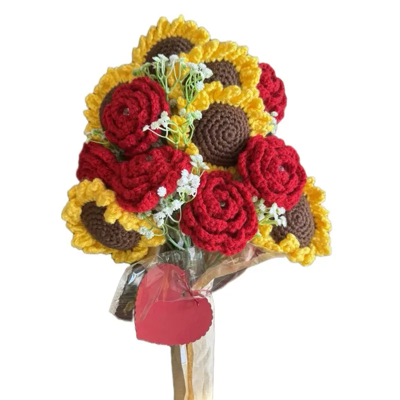 Rose and Sunflower Hand Made Crochet Bouquet - Red Yellow Brown Colors with White Accents