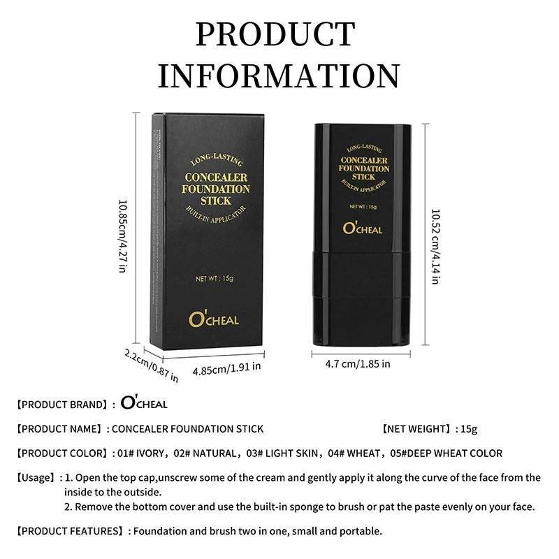 Long-Lasting Waterproof Foundation Stick 2-in-1 with Brush | Full Coverage Concealer for Dark Circles & Blemishes, Perfect for All Skin Tones