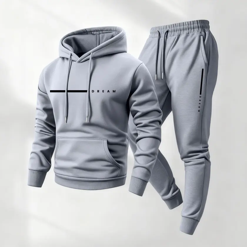 Men's 2-Piece Sweatsuit Set - Loose-Fit Polyester Athletic Hoodie & Pants with "Dream" Letter Print, Workout Sets for Gym, Casual Fit Mensfashion Essentials, Sweatsuit Loose, Tracksuit Sweat Suits, Long Sleeve, Baggy Gym Fits