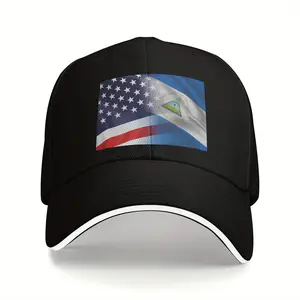Nicaragua Flag Patchwork Baseball Cap - Lightweight Polyester, Black with American & Nicaraguan Flags, Adjustable Fit for Outdoor Sports Snapback Hat Cap