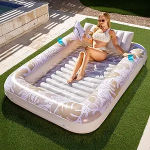Inflatable Tanning Pool Lounger Float, 85" x 57" Extra Large Pool Float with Pillow, 4-in-1 Suntan Tub Raft for Sunbathing, XL-Golden White