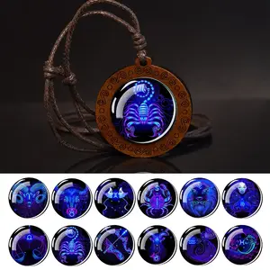 Twelve Zodiac Rope Chain Necklace Libra Scorpio Sagittarius Capricorn Aquarius Pisces Infinity Symbol Wood Pendant Birthday Gift Jewelry