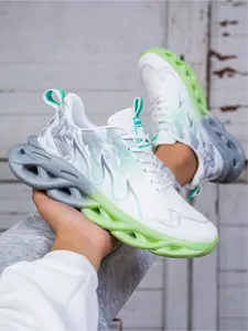 Unisex White-Green-Gray Flame Pattern Blade Sole Mesh Athletic Running Shoes, Athletic Running Trainers, Platform Non-slip Wear-resistant Professional Racing Sneakers