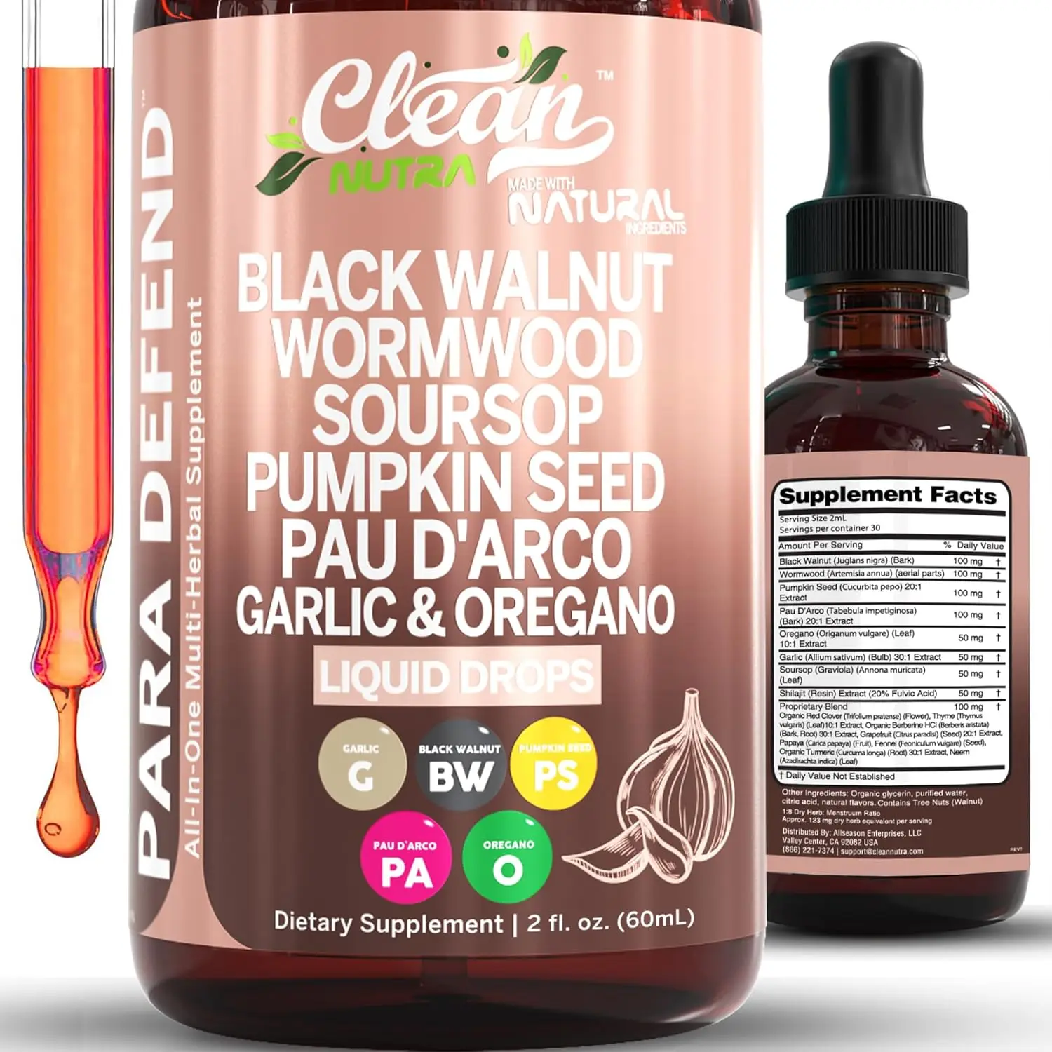 Para Defend Black Walnut Liquid Drops with Sweet Wormwood, Soursop, Garlic, Pumpkin Seed, Pau D'Arco, Oregano, Turmeric, Berberine and Neem Tincture