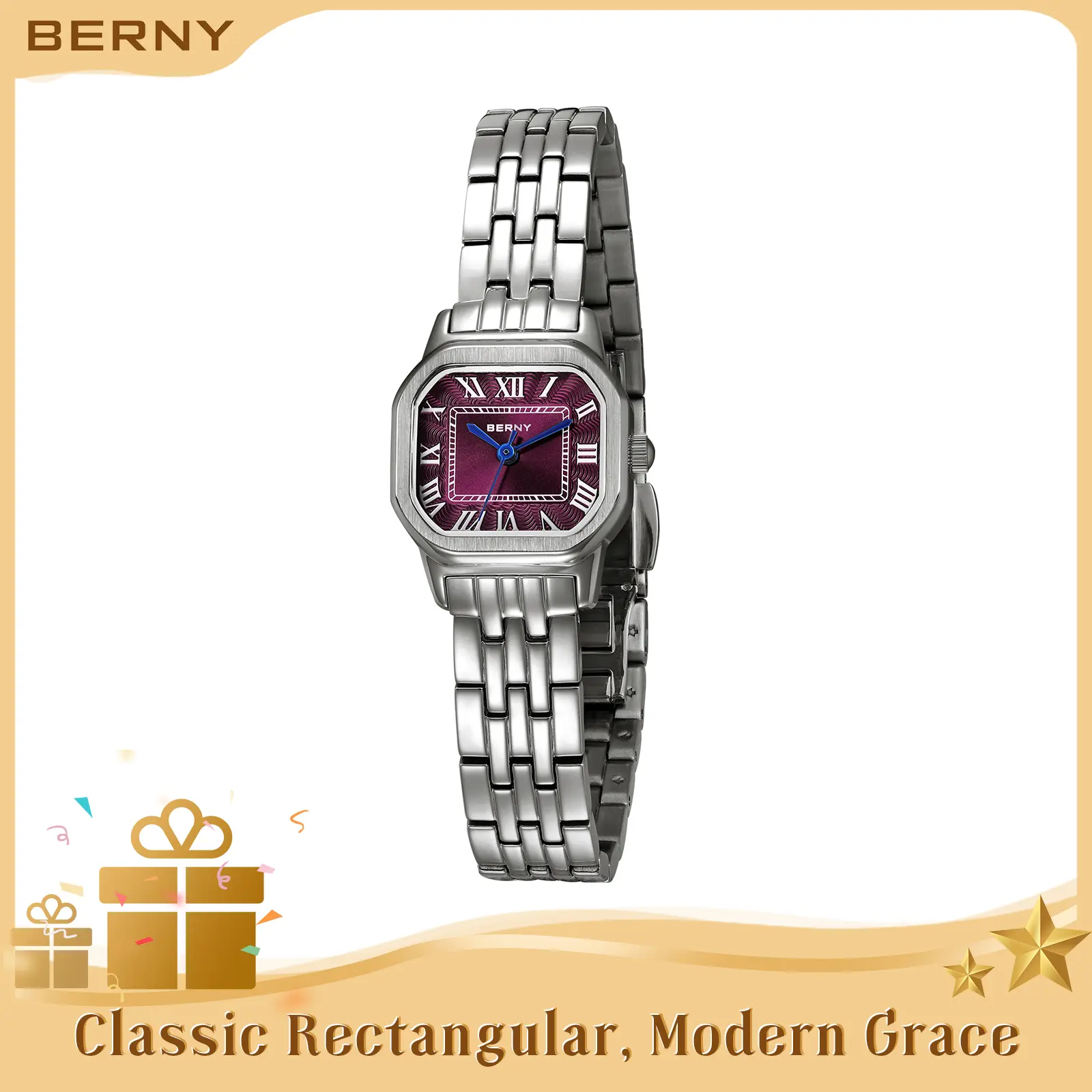 BERNY Silver Women's Watch - Elegant Rectangular Quartz Wristwatch with Adjustable Stainless Steel Bracelet, Waterproof, Lightweight, Minimalist Ladies Watch, Tools Included, Fashion Gift for Women, Reloj, Fashion Summer Accessories